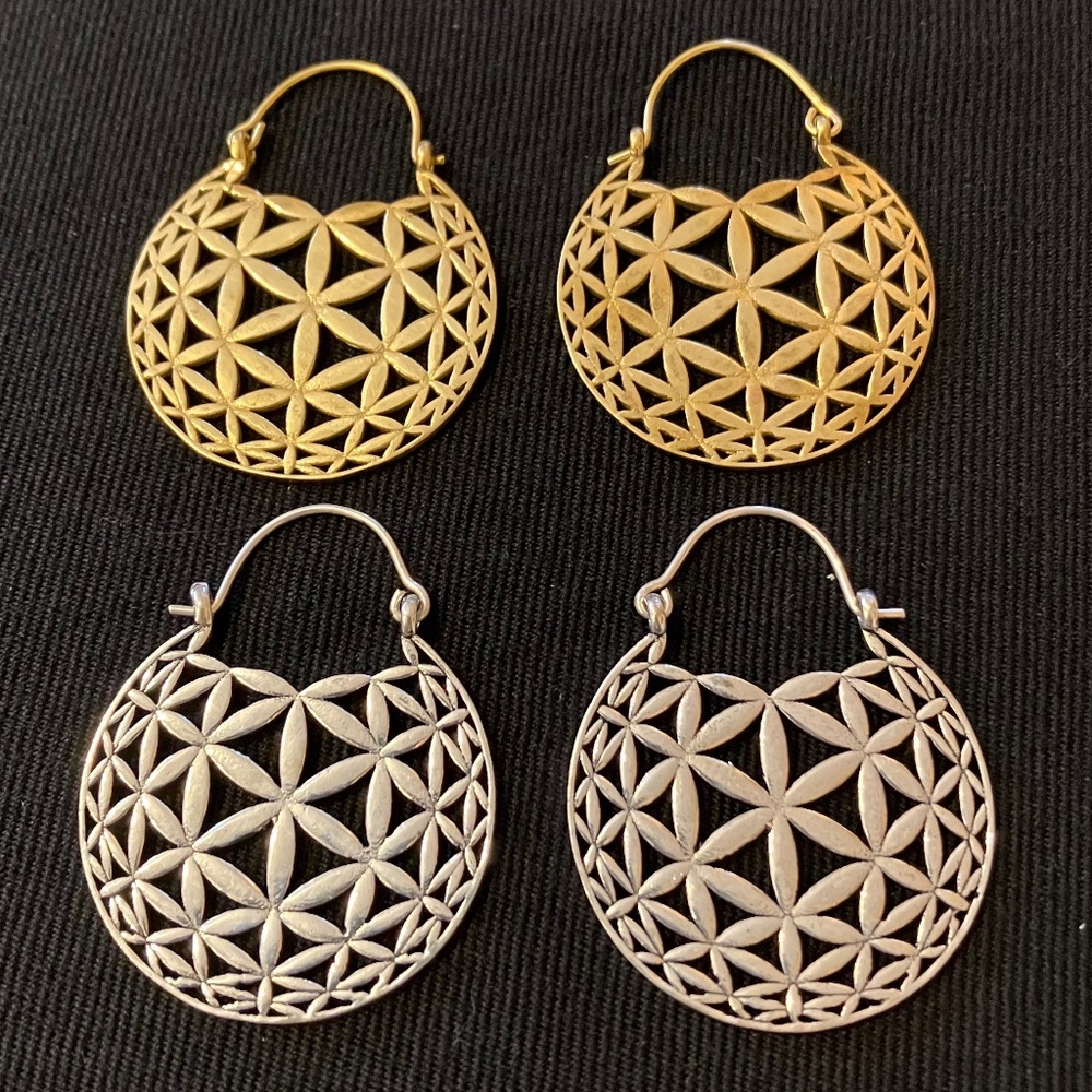 Flower of Life Earrings .sri yantra sacred symbol ~silver or gold(brass)